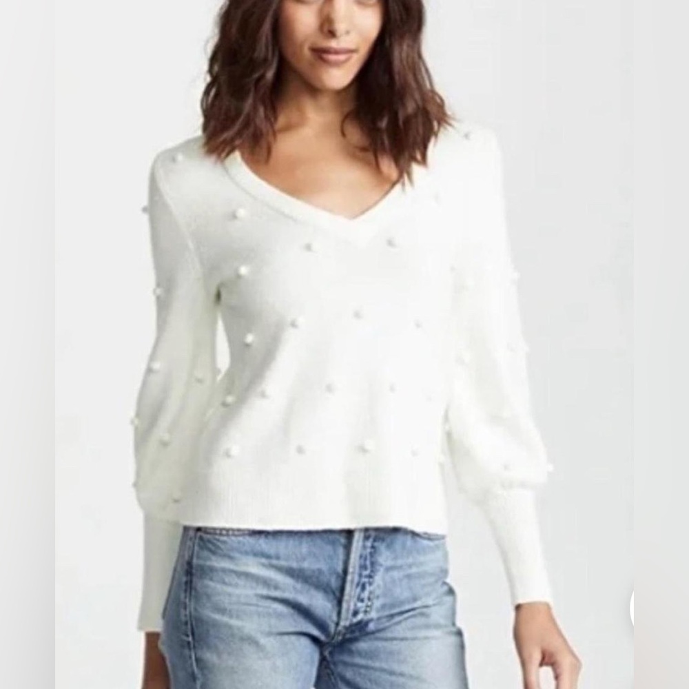 Madewell White V-Neck Sweater with Pom Pom Accents